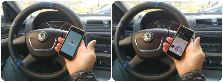 Navigace Waze v autě Škoda Octavia na mobilu Iphone
