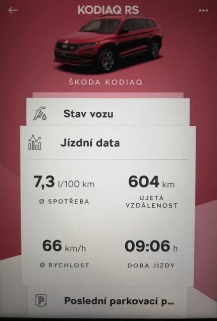 Konektivita Škoda Connect Kodiaq RS jízdní data