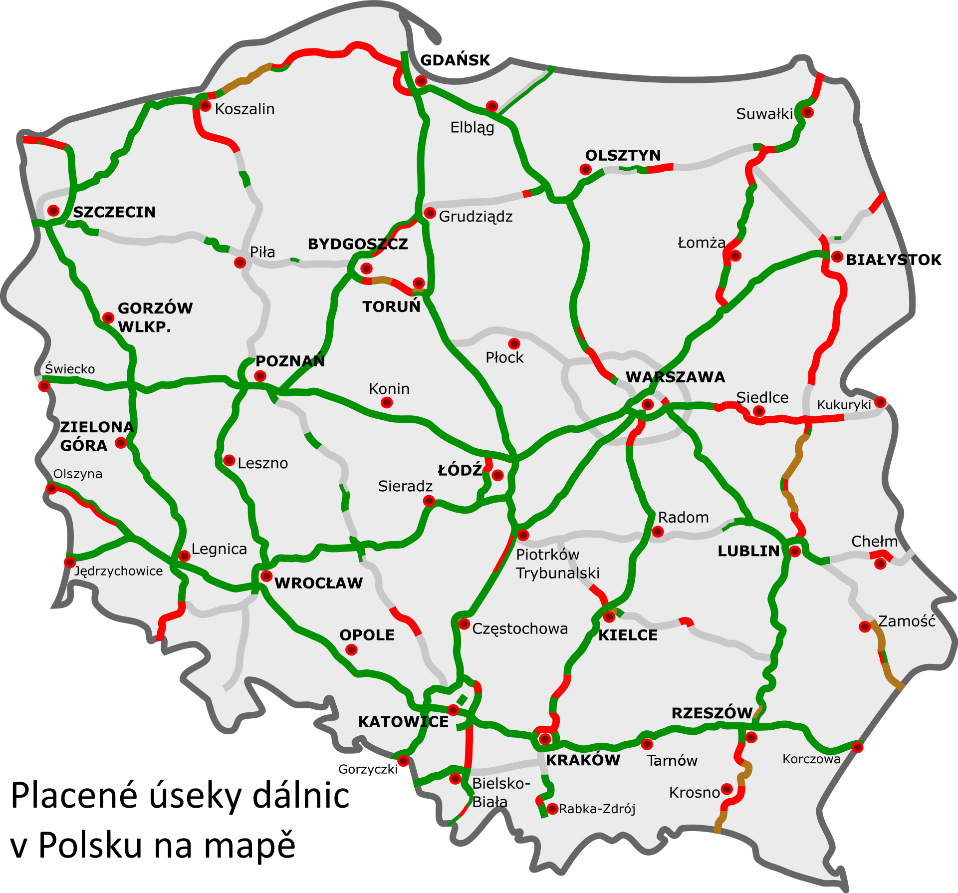 Dálnice v Polsku mapa zpoplatněných úseků a bezplatných