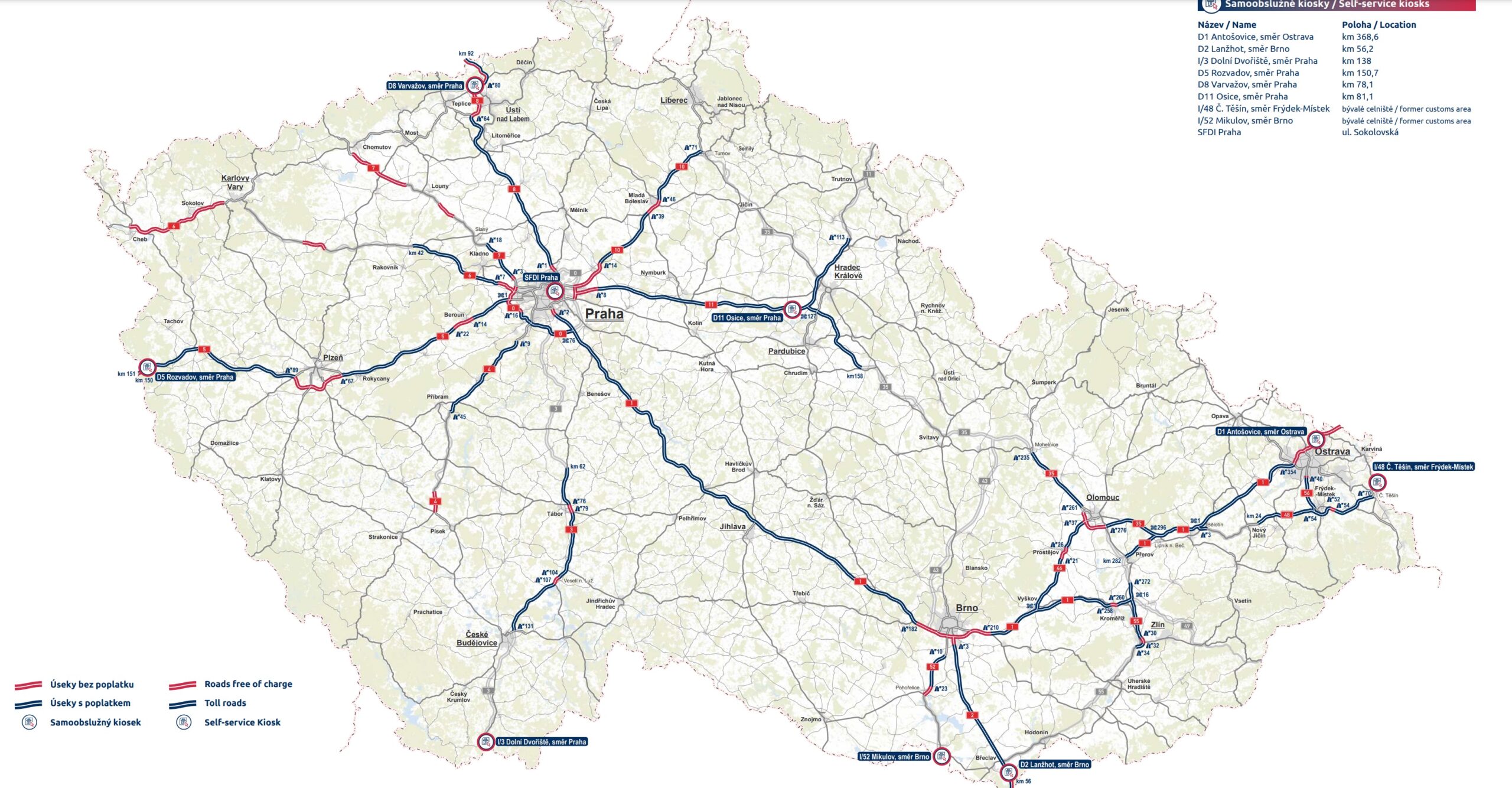 Úseky silnic a dálnic v ČR - mapa Elektronické mýtné a kiosky